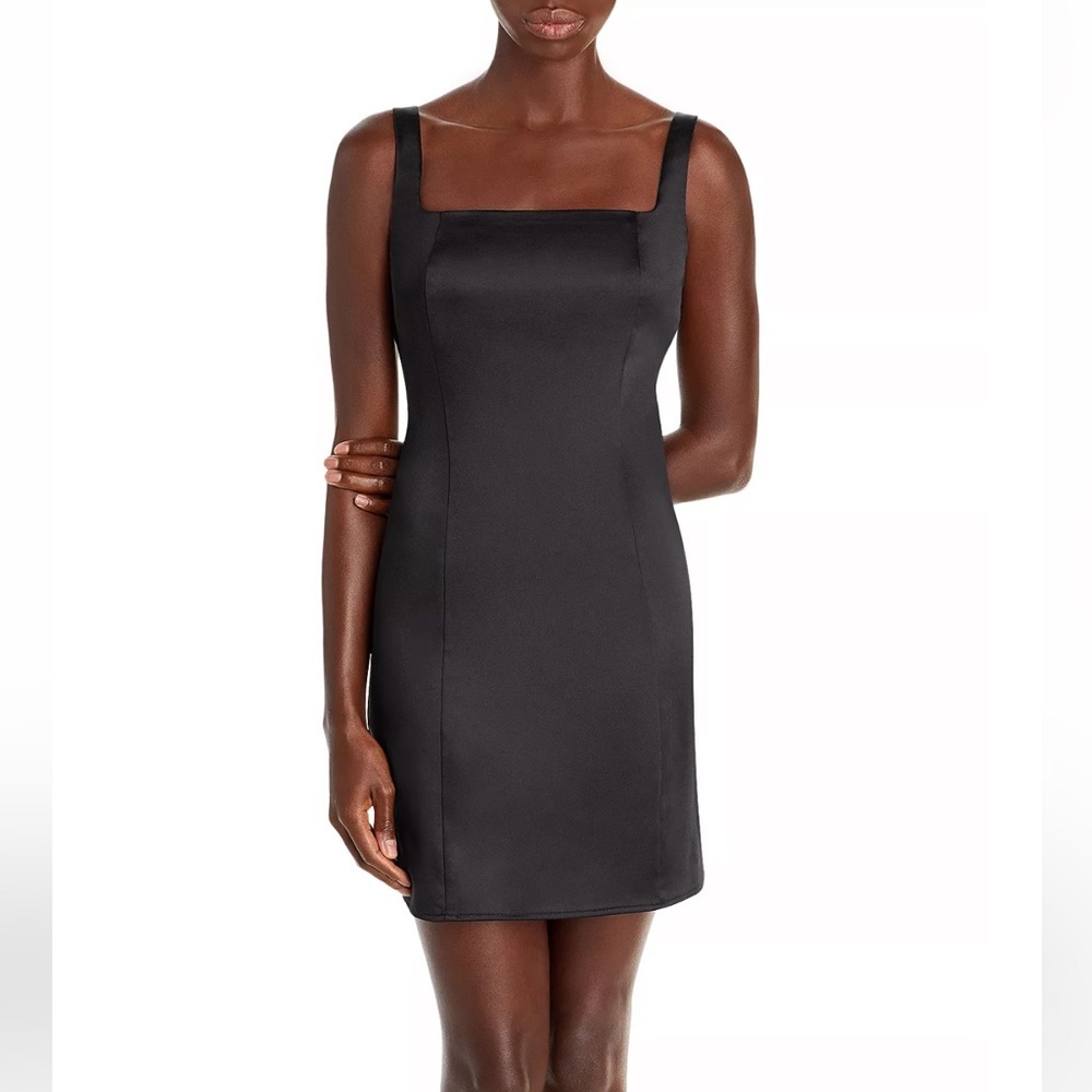 AQUA Black Satin Square Neck Mini Dress